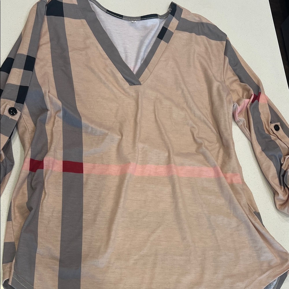Beige Plaid V-Neck Long Sleeve Top